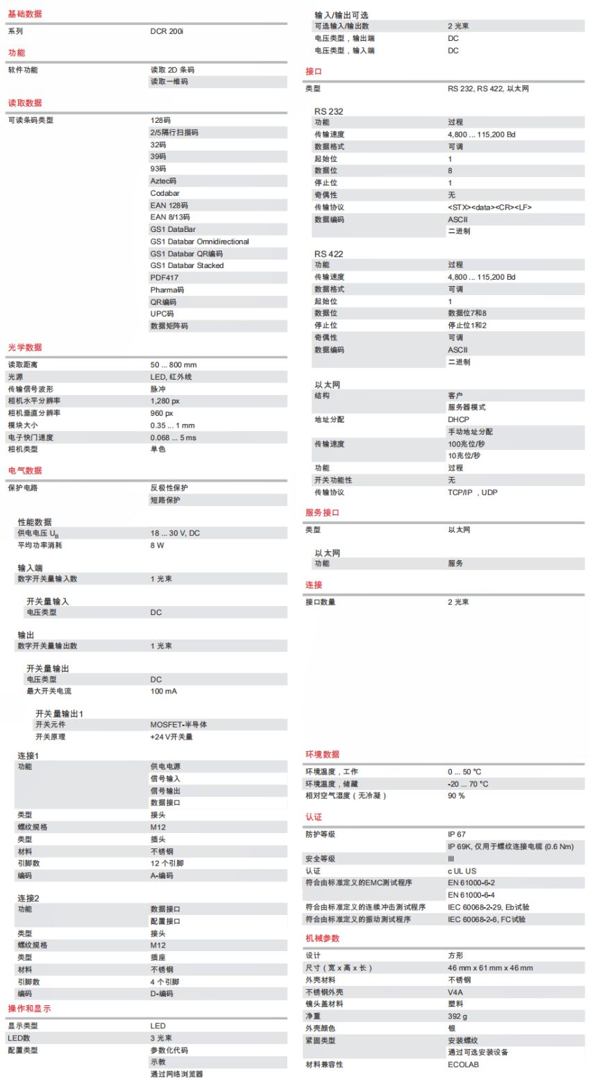 DCR 202i FIX-L1-102-I3-V 條碼閱讀器的技術參數(shù)明細表