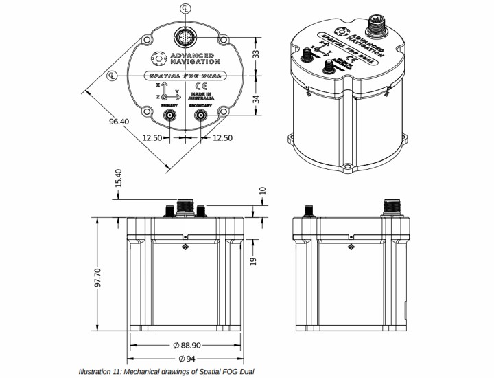 Spatial FOG Dual 傳感器的尺寸圖